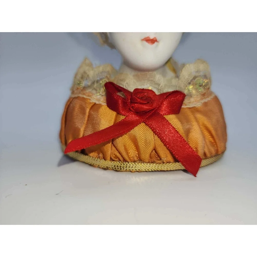 Vintage Porcelain Half Doll Pin Cushion Lace Headdress Orange Satin Base Antique - Picture 4 of 11
